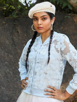 Campus Sutra - Womens Icy Blue Self-Design Flower Jacket