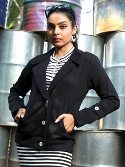 Campus Sutra - Womens Black Single-Breasted Jacket With Contrast Button