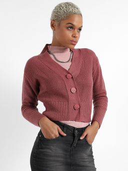 Campus Sutra - Womens Solid Ribbed Cropped Cardigan