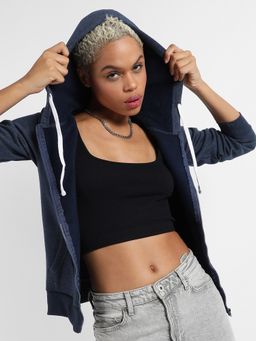 Campus Sutra - Womens Zip-Front Hoodie With Contrast Drawstring