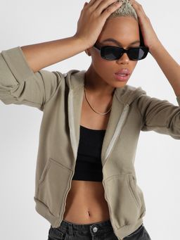 Campus Sutra - Womens Zip-Front Hoodie With Contrast Drawstring