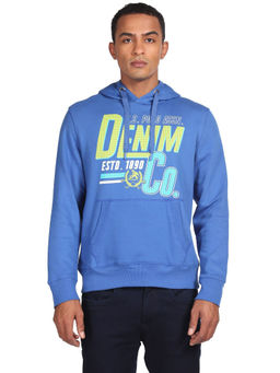 U.S. POLO ASSN. - Men Blue Long Sleeve Brand Print Hooded Sweatshirt