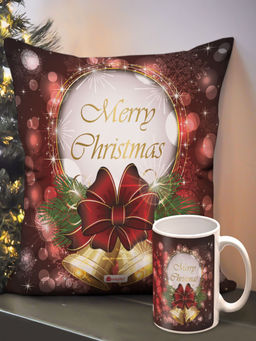 Indigifts - Fibre Merry Christmas Printed Cushion Cover with Filler, Coffee Mug (12x12 Inches)