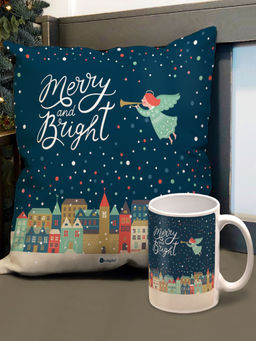 Indigifts - Merry and Bright Printed Christmas Cushion Cover and Coffee Mug (12x12 Inches)