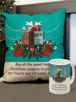 Indigifts - Christmas Blue Cushion Cover & Coffee Mug (12x12 Inches)