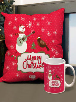 Indigifts - Merry Christmas Printed Red Cushion Cover & Coffee Mug (12x12 Inches)