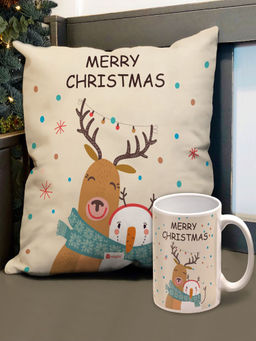 Indigifts - Off White Merry Christmas Printed Cushion Cover with Filler, Coffee Mug (12x12 Inches)