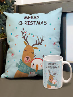 Indigifts - Merry Christmas Printed Blue Cushion Cover & Coffee Mug (12x12 Inches)