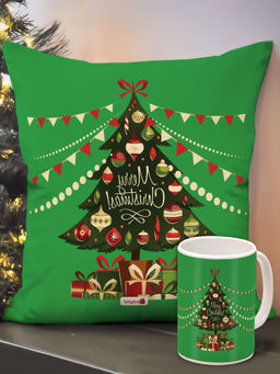 Indigifts - Christmas Gifts Green Cushion Cover & Coffee Mug (12x12 Inches)