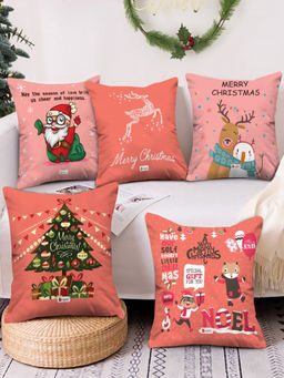 Indigifts - Pink & Peach Holiday Fun with Cute Christmas Cushion Cover (12x12 Inches)