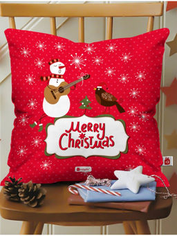 Indigifts - Christmas Singing Snowman Merry Christmas Red Cushion (12x12 Inches)