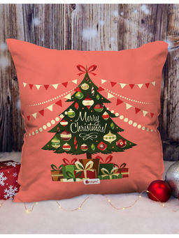 Indigifts - Christmas Tree Print Peach Cushion Cover (12x12 Inches)