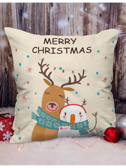 Indigifts - Soft Poly Satin Merry Christmas Printed Cream Cushion Cover Without Filler (16x16 Inches)