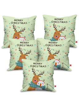 Indigifts - Christmas Printed Micro Satin Green Cushion Cover Without Filler- (18x18 inches) (Set of 5)