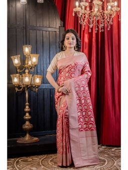 Maayavi - Women's Coral Mugdha Handloom Saree with Unstitched Blouse