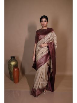 Maayavi - Women's Beige Aishani Handloom Saree with Unstitched Blouse