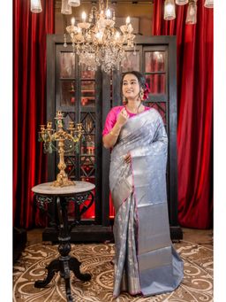 Maayavi - Women's Grey Meghal Handloom Saree with Unstitched Blouse
