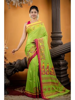 Maayavi - Women's Green Tiya Handloom Saree with Unstitched Blouse