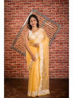 Maayavi - Women's Yellow Pushpita Embroidered Saree with Unstitched Blouse