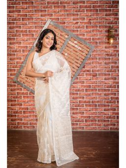 Maayavi - Women's Ivory Chandrika Embroidered Saree with Unstitched Blouse
