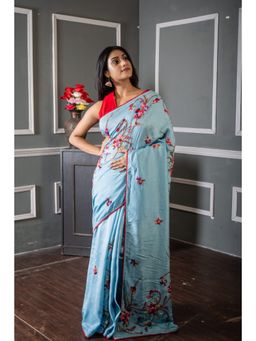 Maayavi - Women's Blue Roya Embroidered Saree with Unstitched Blouse