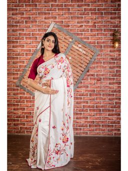 Maayavi - Women's White Jasmine Embroidered Saree with Unstitched Blouse