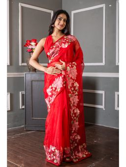 Maayavi - Women's Red Rosie Embroidered Saree with Unstitched Blouse