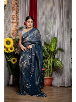 Maayavi - Women's Navy Blue Rumi Embroidered Saree with Unstitched Blouse