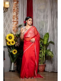 Maayavi - Women's Red Scarlet Embellished Saree with Unstitched Blouse
