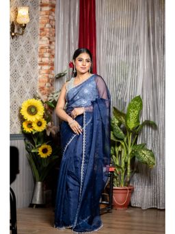 Maayavi - Women's Navy Blue Sapphire Embellished Saree with Unstitched Blouse