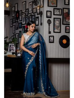 Maayavi - Women's Navy Blue Mystic Blue Embellished Saree with Unstitched Blouse