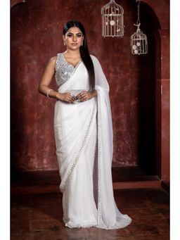 Maayavi - Women's White Bianca Embellished Saree with Unstitched Blouse