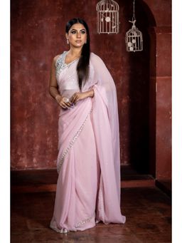 Maayavi - Women's Pink Peony Embellished Saree with Unstitched Blouse