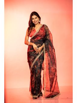 Maayavi - Women's Black Rose Embellished Saree with Unstitched Blouse