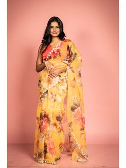 Maayavi - Women's Yellow Rosa Embellished Saree with Unstitched Blouse