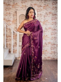 Maayavi - Women's Wine Avirai Embroidered Saree with Unstitched Blouse