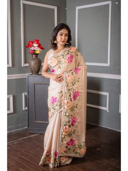 Maayavi - Women's Taupe Shrinika Embroidered Saree with Unstitched Blouse