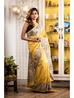 Maayavi - Women's Yellow Madhubani Printed Saree with Unstitched Blouse