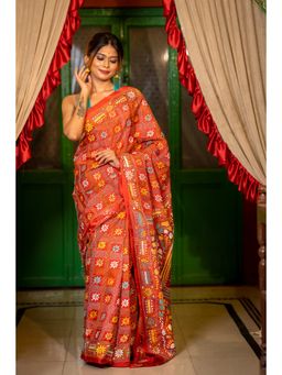 Maayavi - Women's Red Mrinalini Embroidered Saree with Unstitched Blouse
