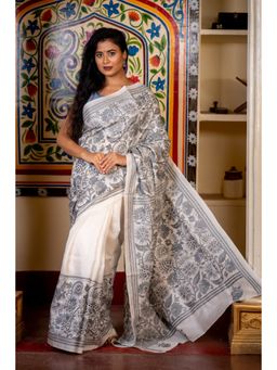 Maayavi - Women's White Bimala Embroidered Saree with Unstitched Blouse