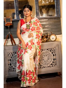 Maayavi - Women's Off White Durga Embroidered Saree with Unstitched Blouse