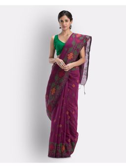 Angoshobha - Magenta Handloom Printed Cotton Blend Saree with Unstitched