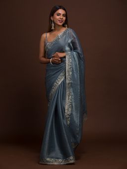 Koskii - Grey Beads And Stones Semi Crepe Designer Saree With Unstitched Blouse