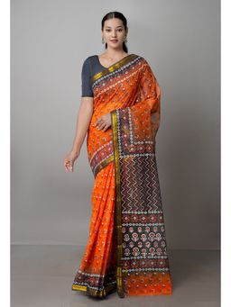 Unnati Silks - Orange Pure Block Printed Kota Cotton Saree with Unstitched Blouse