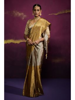 Dressfolk - Silver and Gold Blocked Tissue Saree without Blouse