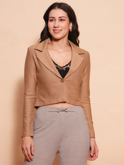 Globus - Women Camel Brown Lapel Collared Long Sleeves Front Opening Crop Work Wear Blazer Jacket