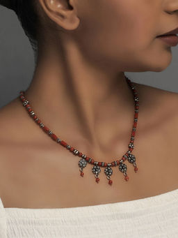 Divas Mantra - 92.5 Silver Oxidised Coral Flower Motif Necklace