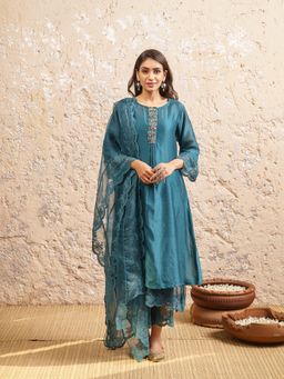 Naaz By Noor - Teal Embroidered Kurta With Pant And Dupatta (Set of 3)
