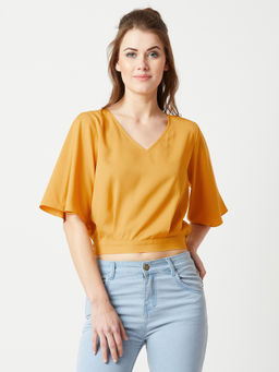 Miss Chase - Women Mustard V-neck Flared 3/4 Sleeves Solid Crop Top