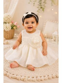 Katibi Kids - Off White Self Design Sleeveless Dress